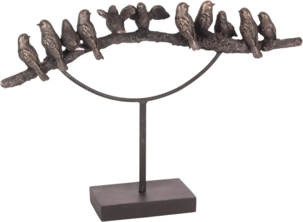 Statuetă decorativă din polirășină, aurie, cu păsărele pe creangă, pe suport, finisaj patinat, 30 x 42 x 8 cm, „Mésange”
