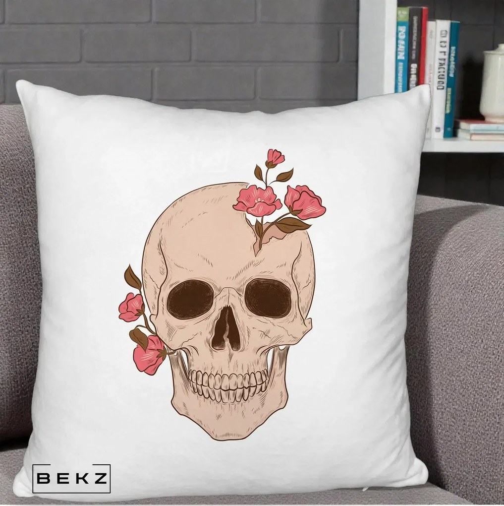 Perna Decorativa Craniu Floral Gothic, 40x40 cm, Alb Pufos, Husa Detasabila, Perna Inclusa, BEKZ®