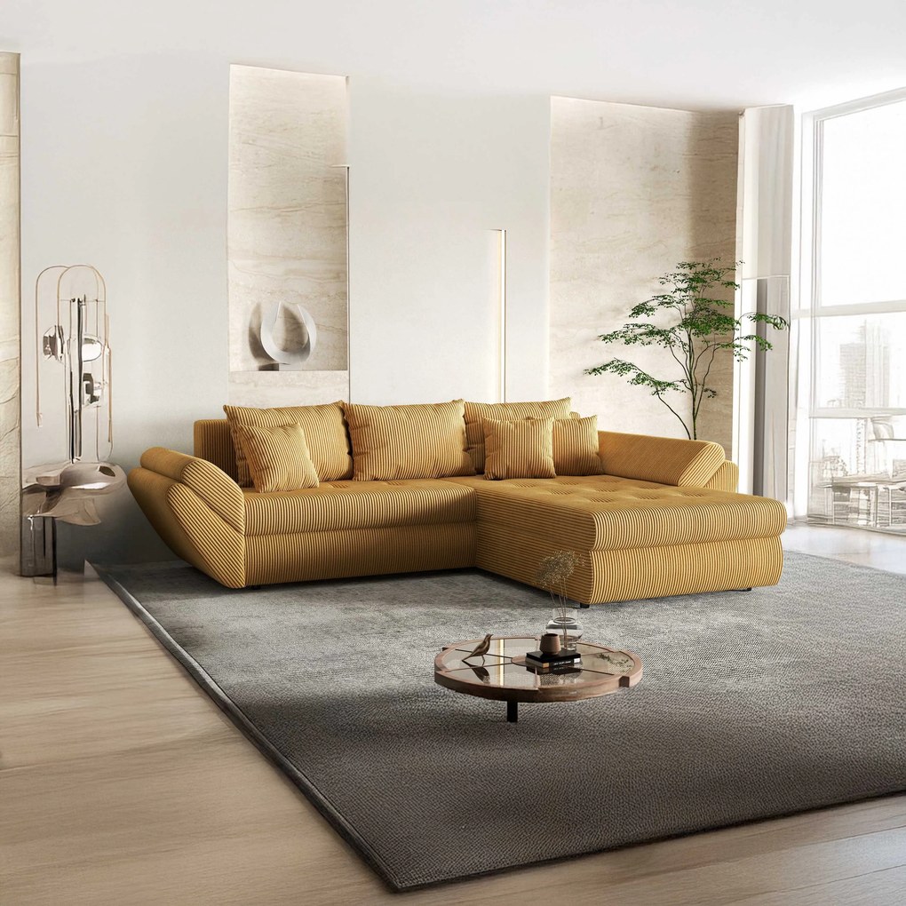 Colțar extensibil dumonde cu ladă de depozitare si sezut confortabil din spuma high-density, Loana Zoom Mustar II 270x185 cm