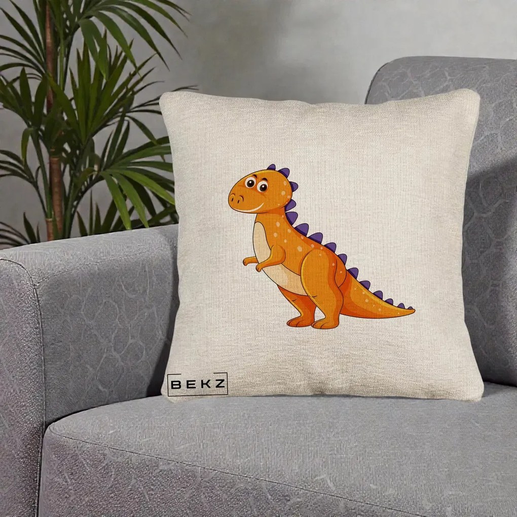 Perna Decorativa T-Rex Portocaliu, 40x40 cm, Bej Canapea, Husa Detasabila, Perna Inclusa, BEKZ®