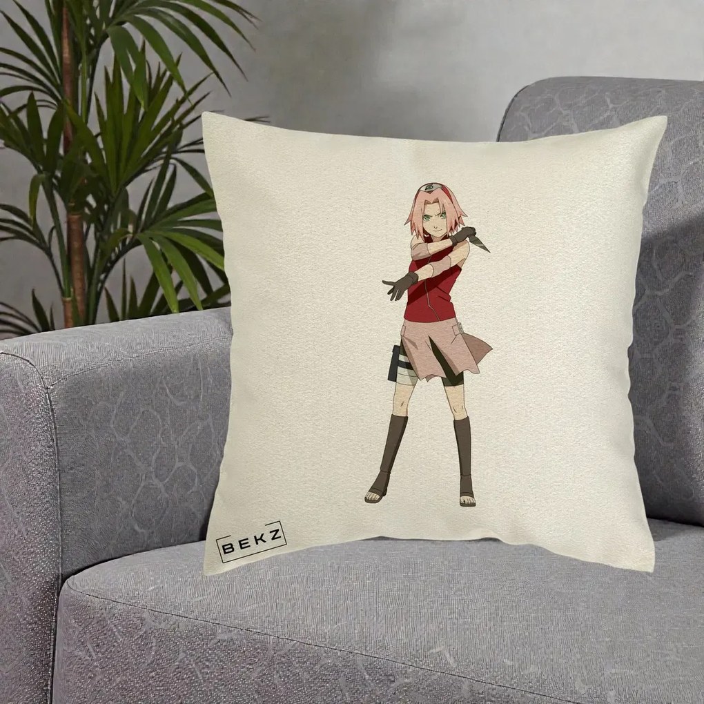 Perna Personalizata Naruto Sakura Haruno Portret, 40x40 cm, Ecru, Husa Detasabila, Perna Inclusa, BEKZ®