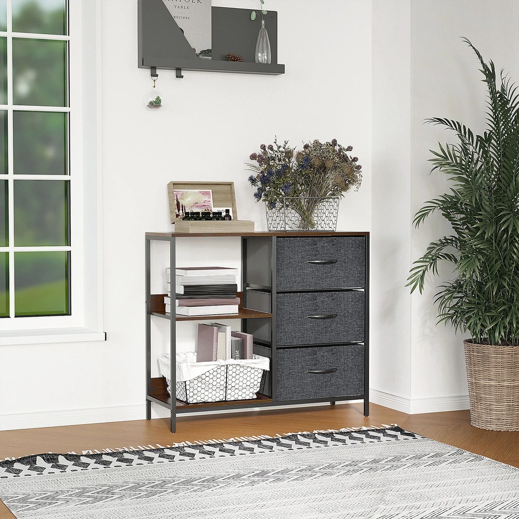 HOMCOM Comodă Mobilă Multifuncțională cu 2 Rafturi Deschise și 3 Sertare Pliabile, 80x29x71 cm, Maro Rustic, Gri Închis, Negru | Aosom Romania