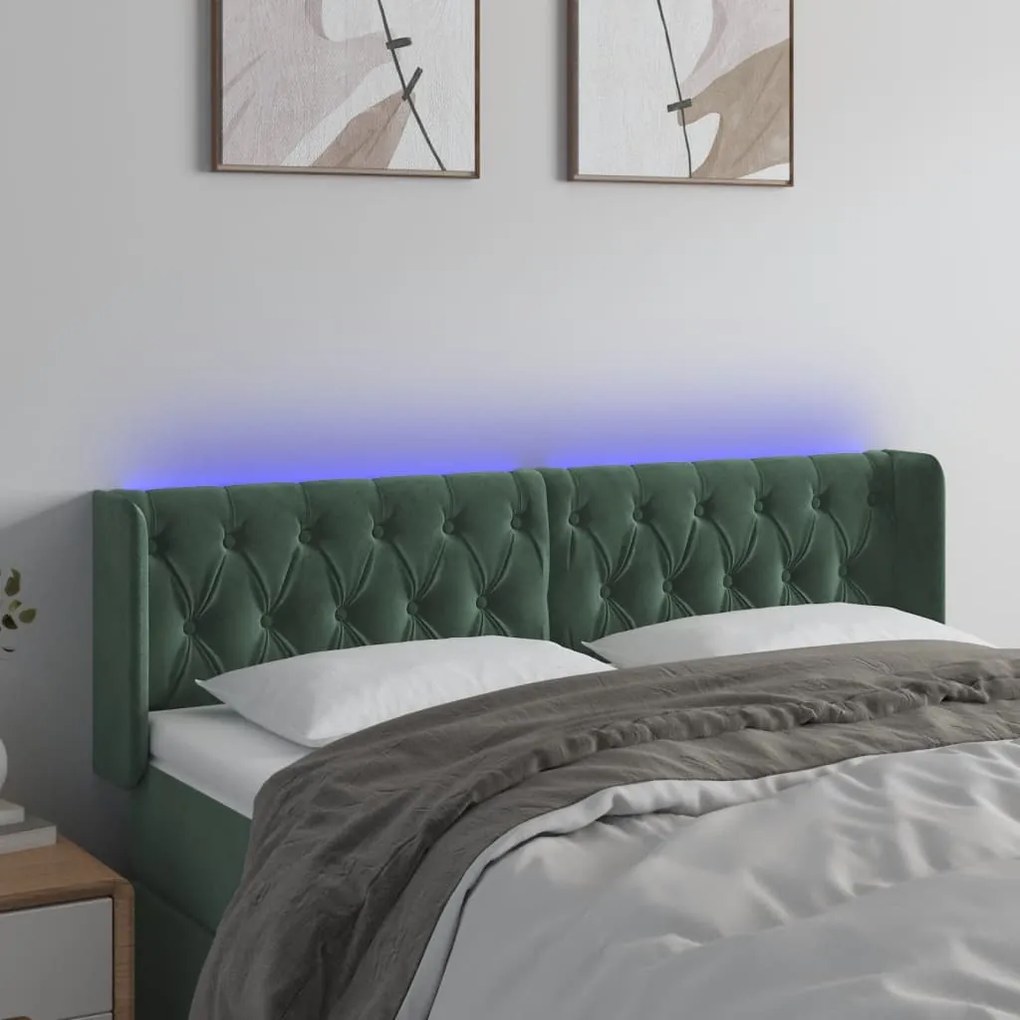 vidaXL Tăblie de pat cu LED, verde închis, 147x16x78/88 cm, catifea