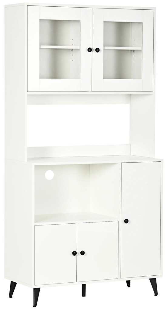 HOMCOM Bufet de bucătărie cu 3 dulapuri, nișe, rafturi reglabile, uși vitrate, pasă-cablu, 90x40x180cm, alb | Aosom Romania