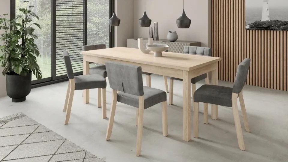 Set de masa extensibila si 6 scaune tapitate, RODOS 80, ADRK Furniture (Culoare: Stejar)