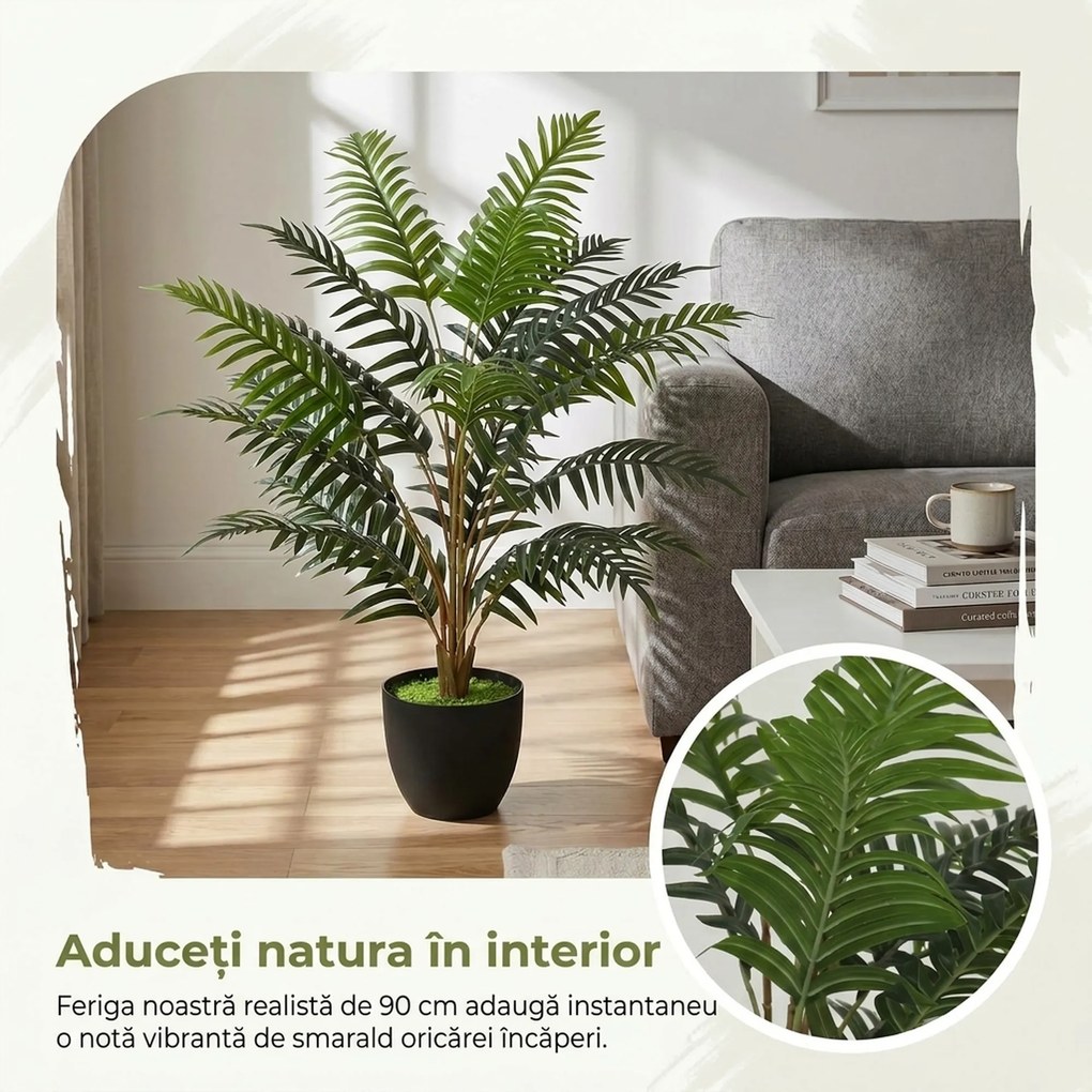 HOMCOM Plantă Artificială de Ferigă cu 20 de Frunze din PEVA, Ramuri Flexibile, Ghiveci Negru din PP și Ciment, Verde | Aosom Romania