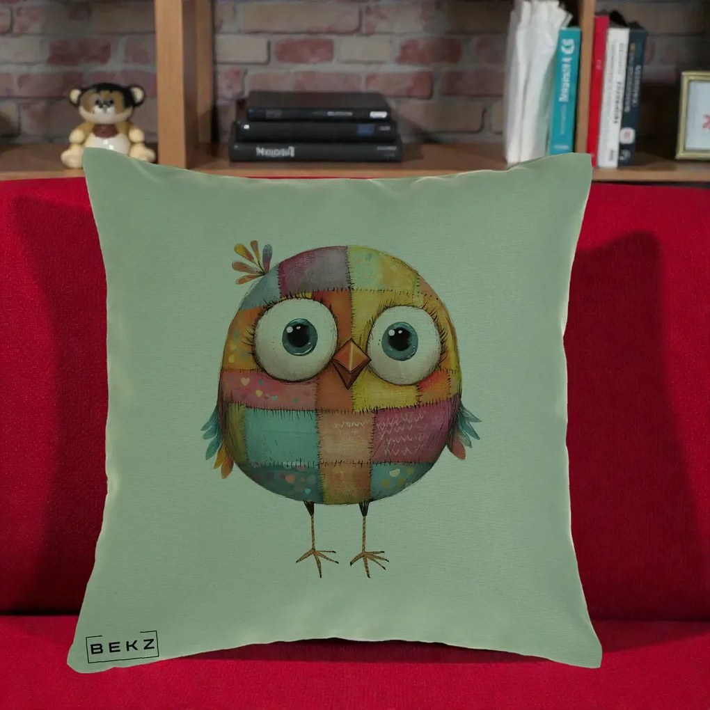 Perna decorativa Pasare Patchwork Colorata, 40x40 cm cu Umplutura, Verde, BEKZ