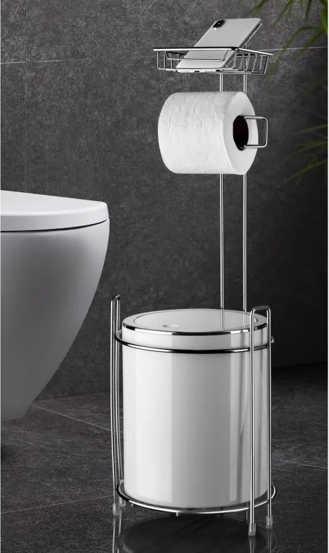 Suport pentru toaletă cu coș Metalife AK-755B, Pentru coș, hârtie și telefon, Inox/cromo