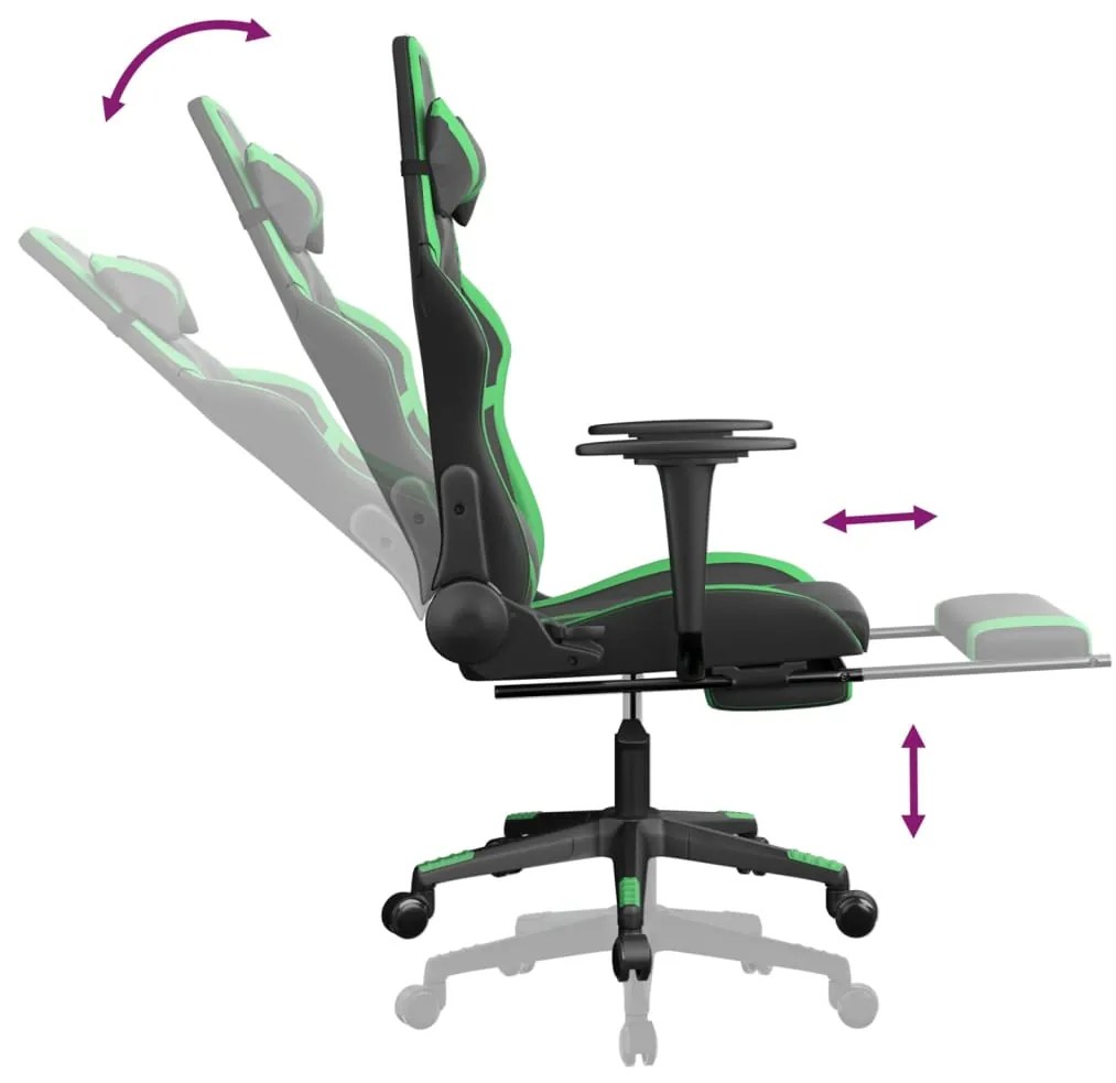 Scaun gaming de masaj suport picioare, negru verde, piele eco 1, Negru si verde, Cu suport de picioare