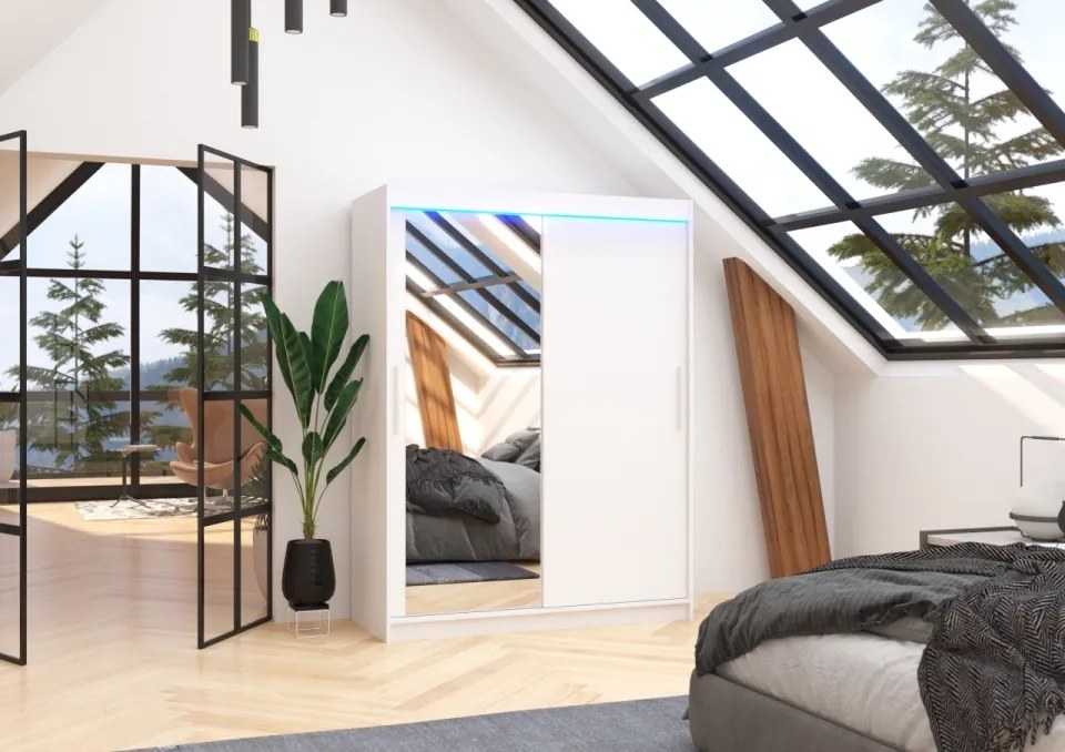 Dulap cu usi glisante si oglinda + iluminare LED, Bianco 150 + LED, 150 cmx200 cmx58 cm, ADRK Furniture (Culoare: Ciocolata)