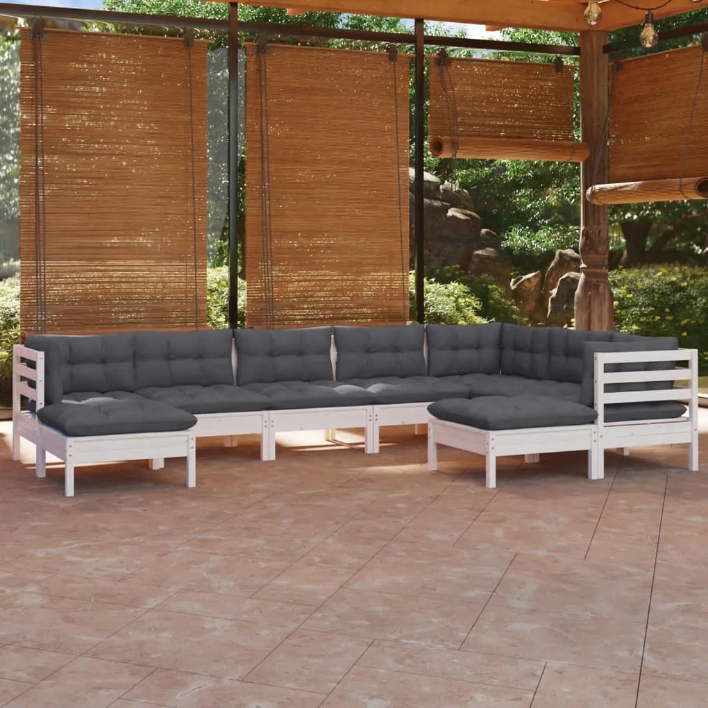 vidaXL Set mobilier de grădină cu perne, 9 piese, alb, lemn masiv pin