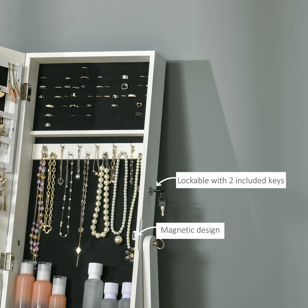 HOMCOM Oglindă Portbijuterii, Dulap Portbijuterii cu Unghi Reglabil, Organizator pentru Inele, Coliere, Cercei, Încuietoare cu Cheie, pentru Dormitor, Living, 46x36.5x151.5cm, Alb | Aosom Romania