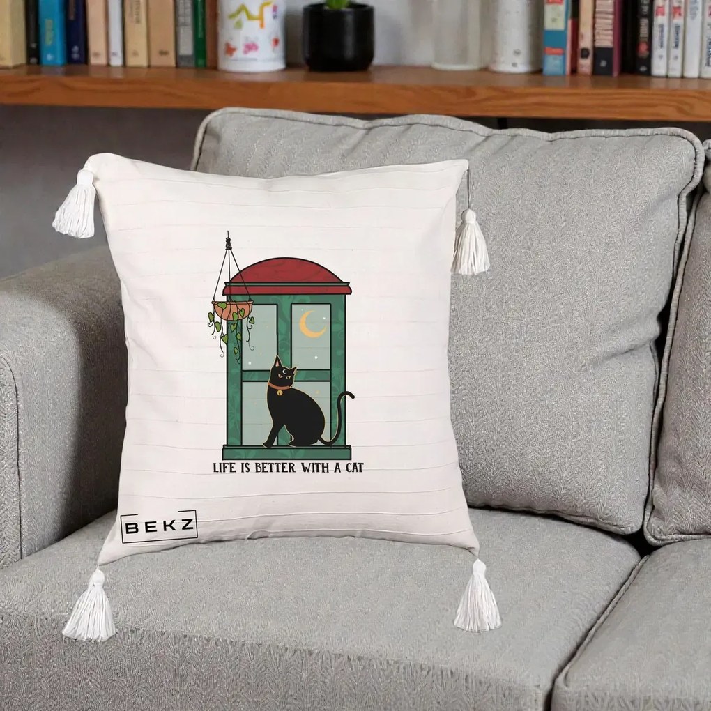 Perna Personalizata Life is Better with a Cat Geam, 40x40 cm, Bej cu Franjuri, Husa Detasabila, Perna Inclusa, BEKZ®