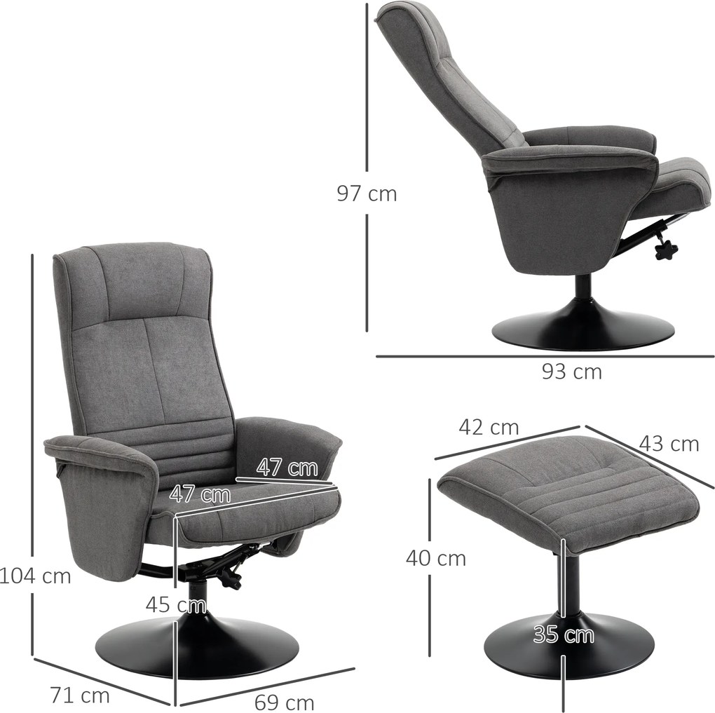 HOMCOM Fotoliu relax cu taburet, spătar reglabil, 69 cm x 71 cm x 104 cm, Gri închis + Negru | Aosom Romania