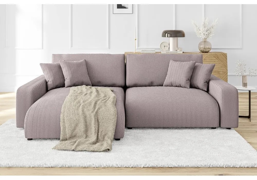 Colțar roz deschis extensibil cu tapițerie din catifea reiată (cu colț variabil) Sara – Ropez