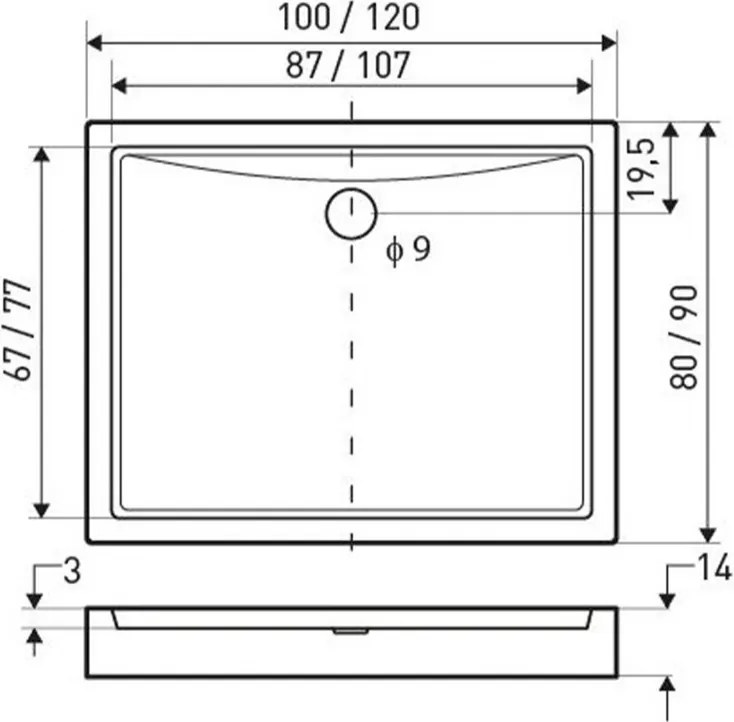Cădiță de duș pătrată universală Victor, 100x90x14 cm