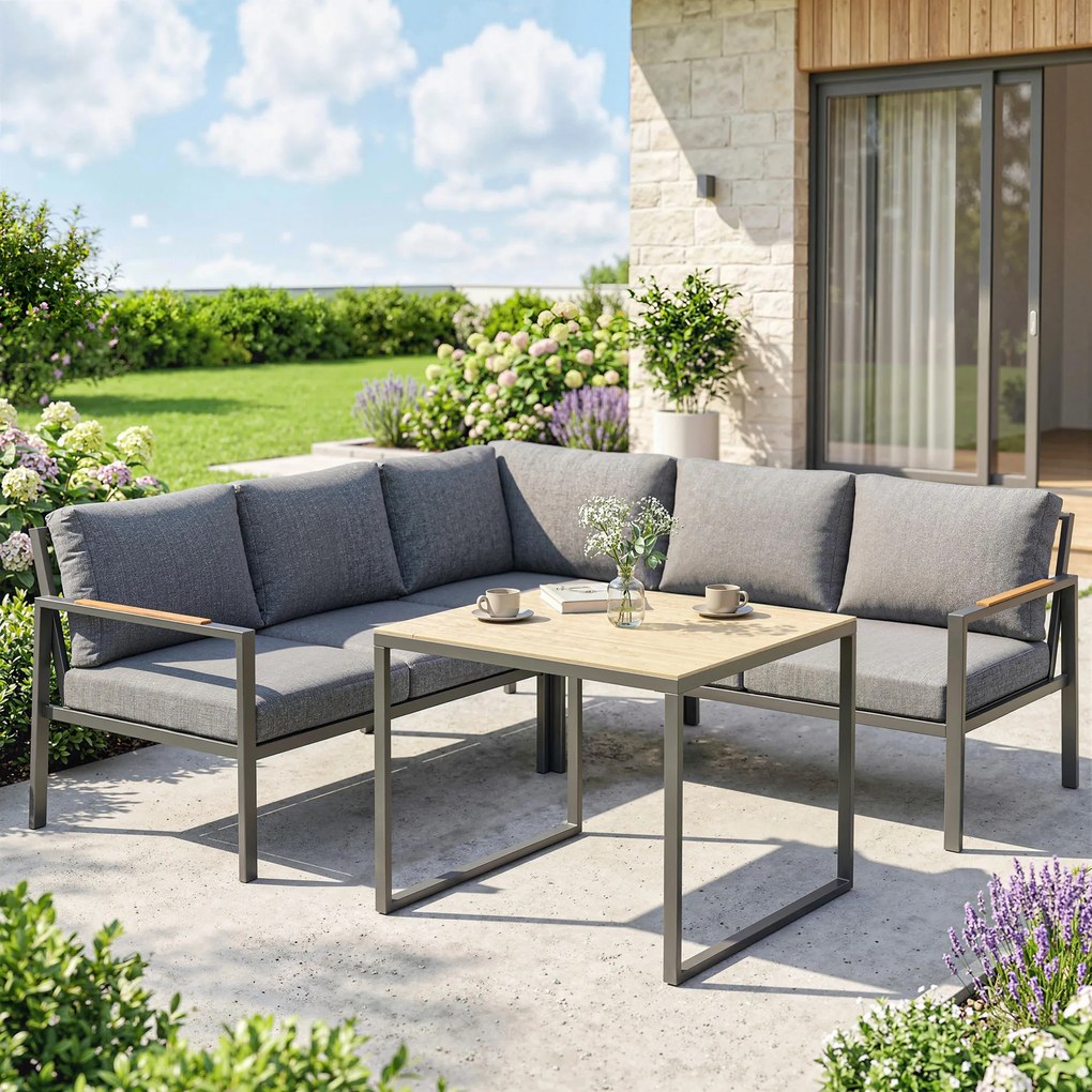 Outsunny Set Mobilier de Grădină Exterior 3 Piese 5 Persoane, 2 Canapele cu Perne Groase, 1 Masă de Cafea, 183x183x72cm, Gri Închis | Aosom Romania