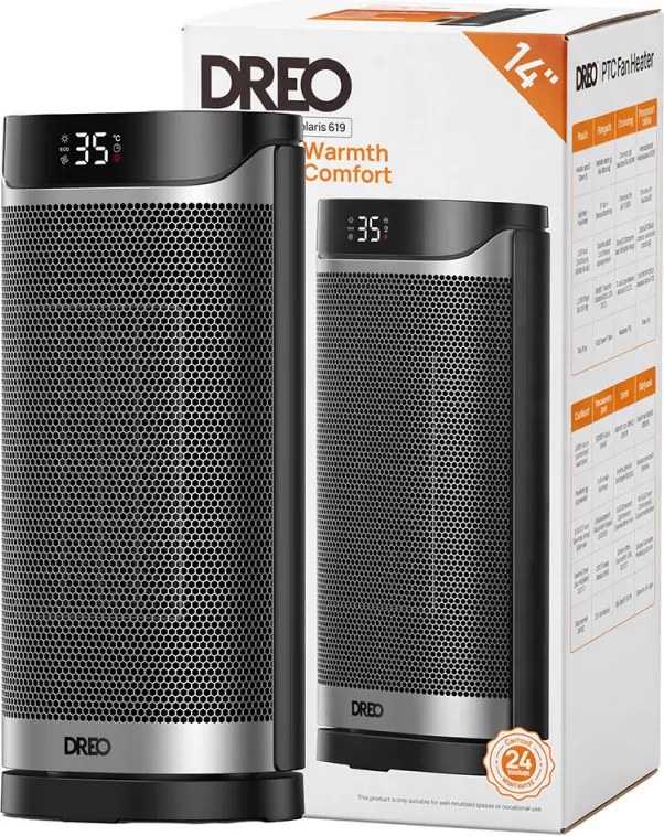 Incalzitor cu ventilator DREO Solaris 619, 2000 W, 20 m², PTC, 5 moduri de functionare, 8 niveluri de protectie, Timer, Telecomanda, Rotire la 70°, 5–35 °C, Negru/gri