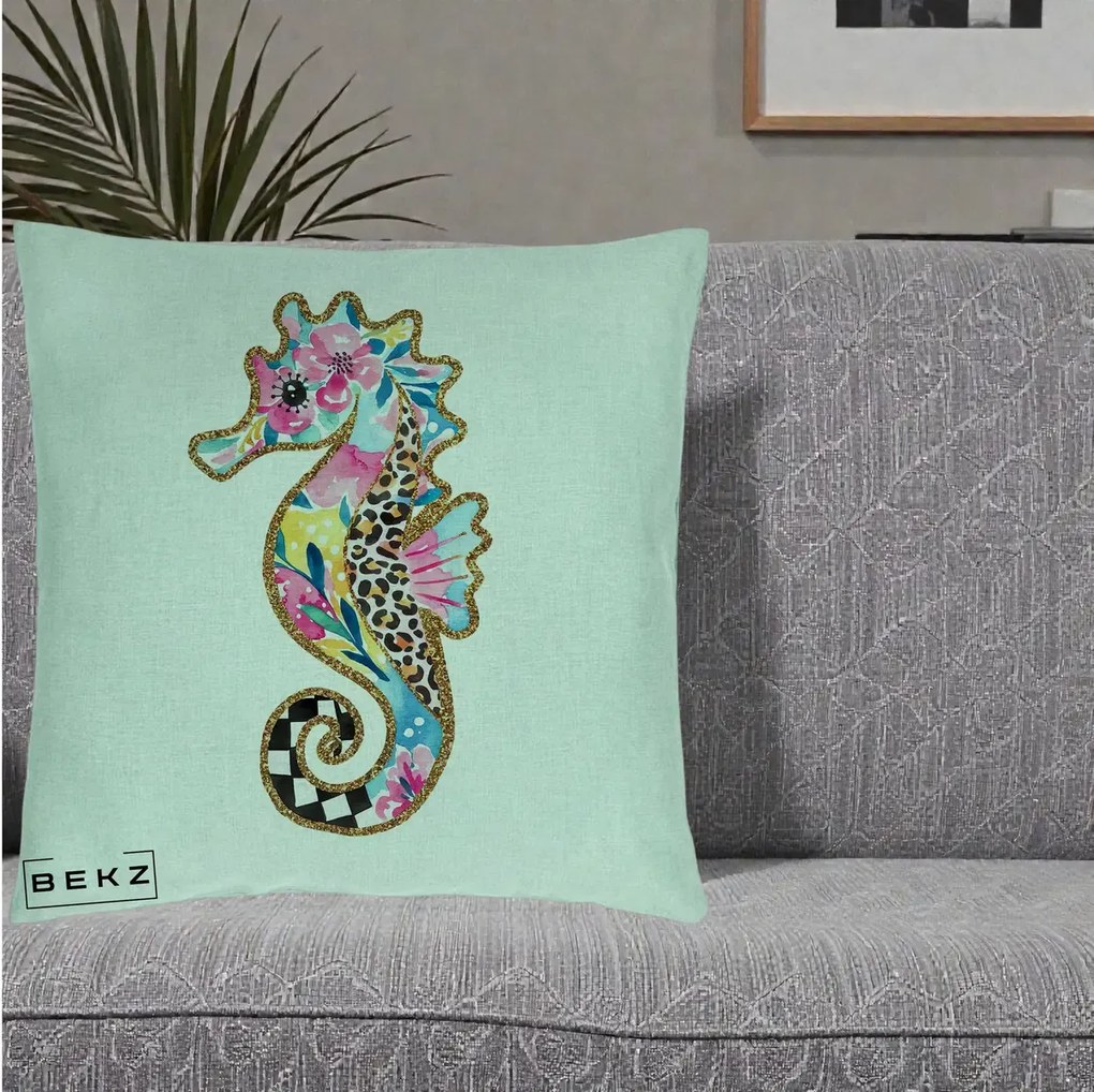 Perna Decorativa Calut de Mare Glitter Tropical, 40x40 cm, Verde Menta, Husa Detasabila, Perna Inclusa, BEKZ®