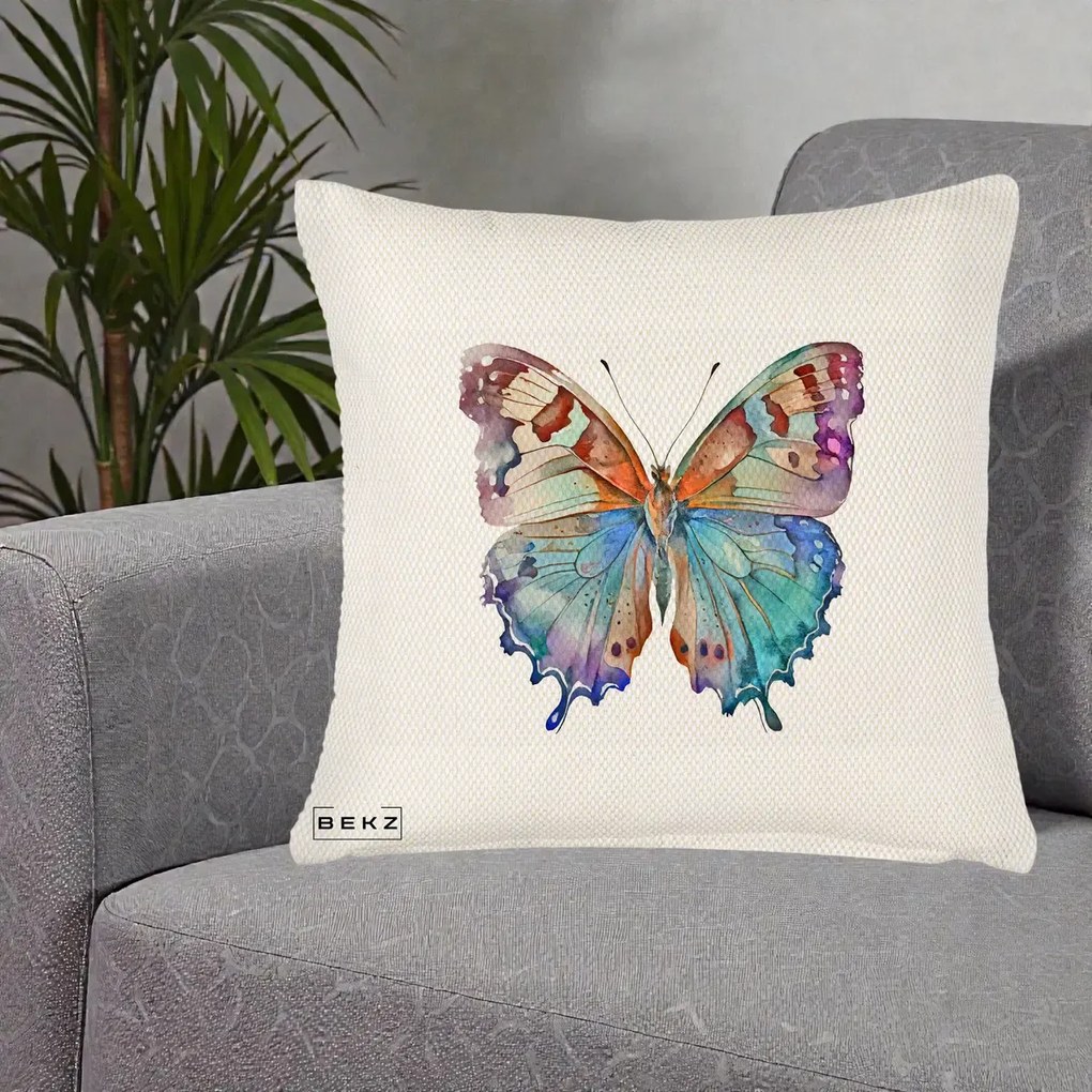 Perna Decorativa Fluture Acuarela Multicolor Portocaliu-Bleu-Mov, 40x40 cm, Crem Reliefat, Husa Detasabila, Perna Inclusa, BEKZ®