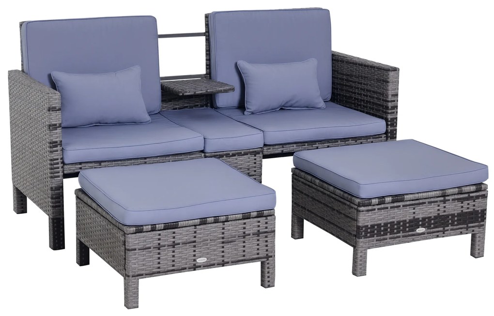 Outsunny Set Mobilier de Grădină, Scaun de Grup, 3 Piese, Canapea de Exterior, 2 Taburete, 2-5 Persoane, Perne de șezut, Ratan, gri | Aosom Romania