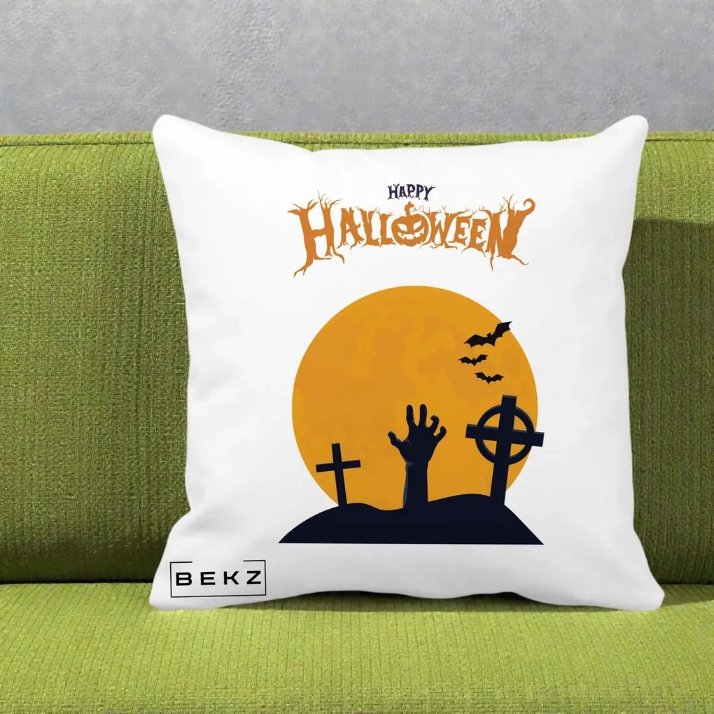 Perna Decorativa Happy Halloween Cimitir cu Luna, 40x40 cm, Alba Mata, Husa Detasabila, Perna Inclusa, BEKZ®