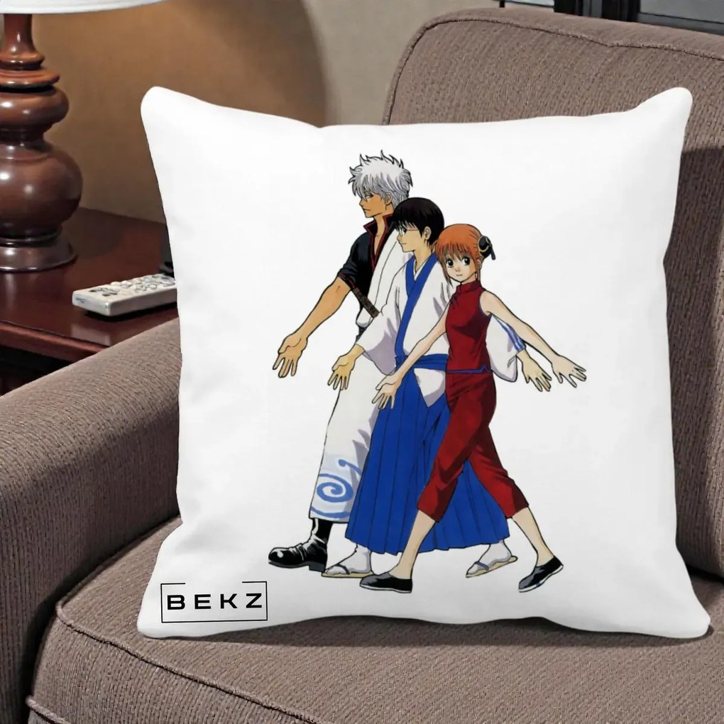 Perna Personalizata Gintama Trio Gintoki Shinpachi Kagura, 40x40 cm, Alba Mata, Husa Detasabila, Perna Inclusa, BEKZ®