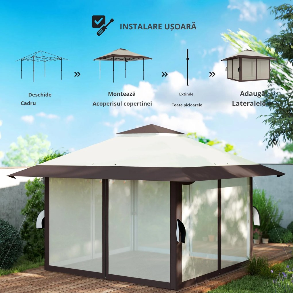 Outsunny Pavilion de grădină 4 x 4 m, cort de grădină cu pereți din plasă, protecție UPF50+, cort de petrecere cu înălțime reglabilă, Bej | Aosom Romania