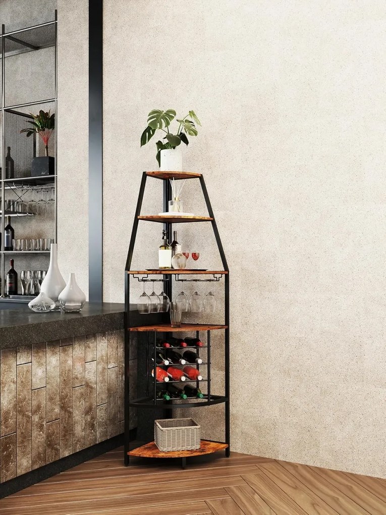 RVI5 - Rafturi Vin pentru colt, 42 cm, depozitare vin, raft stil industrial, bucatarie, living, dining - Negru - Maro