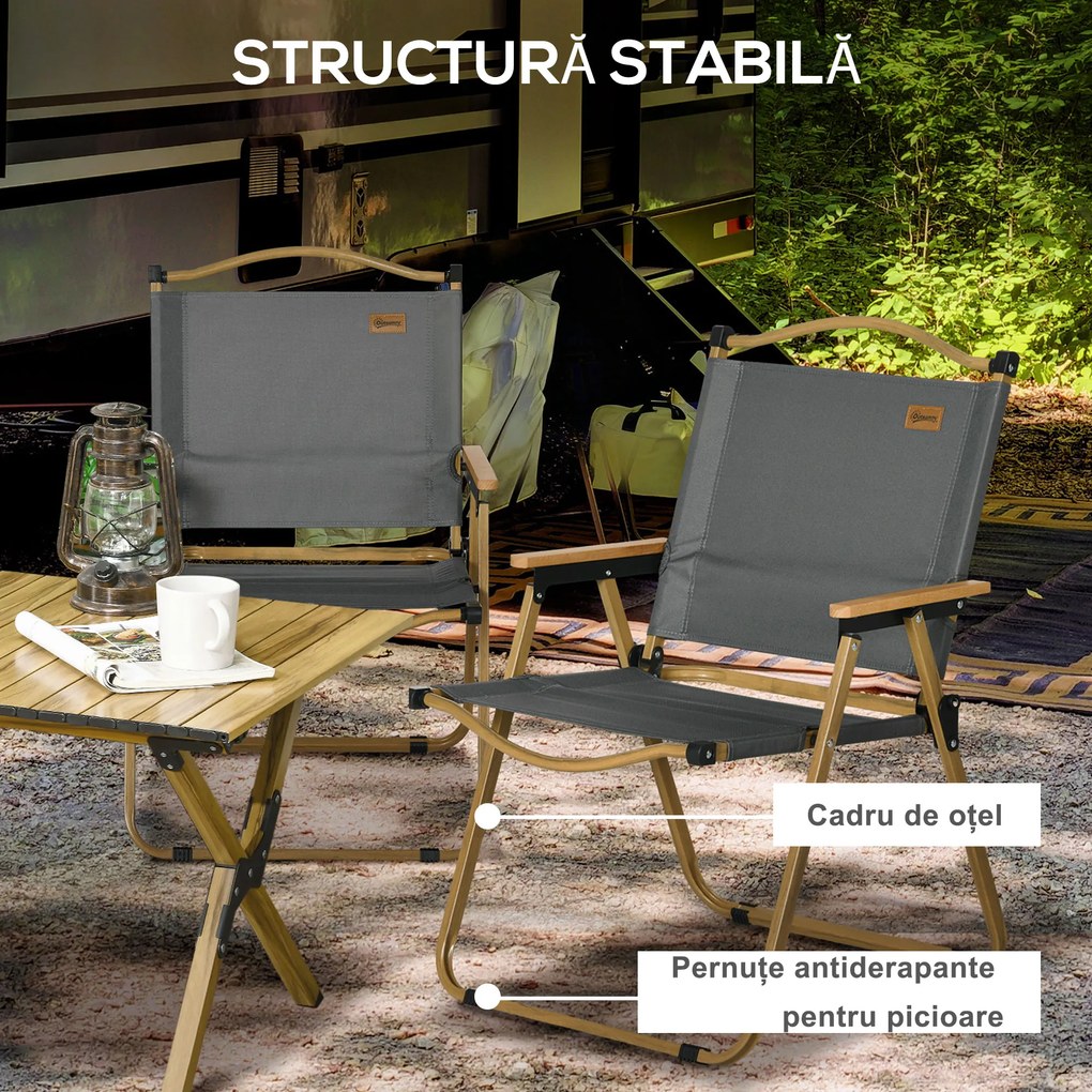 Outsunny Set 2 Scaune de Camping Pliabile cu Cotiere, 54x59x78 cm, Gri Închis | Aosom Romania