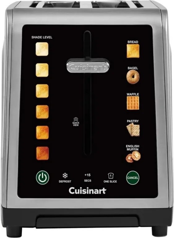Prajitor de paine Cuisinart SimpliTouch XL RBT2200U, 1000 W, 6 trepte de prajire, 5 programe, Comenzi tactile, Centrare automata, Inox/Negru