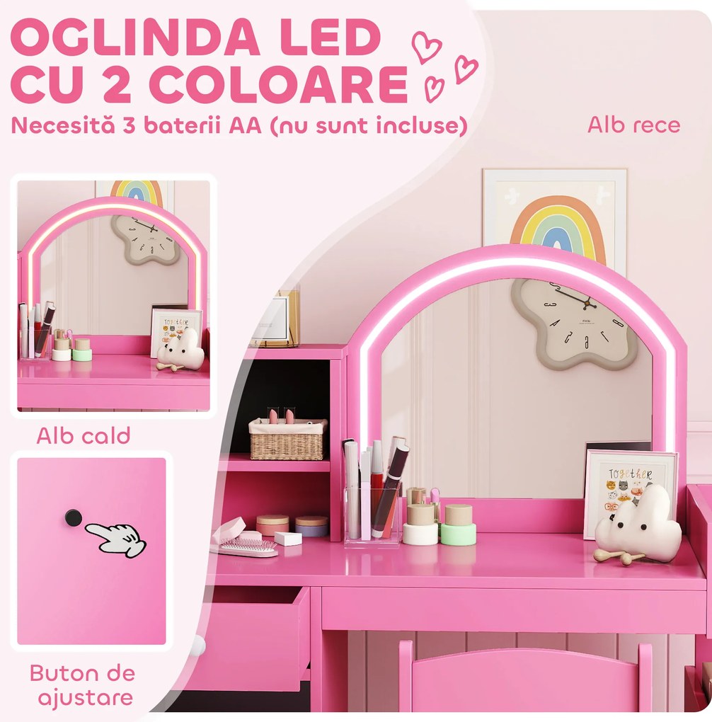 AIYAPLAY Set masă și scaun de machiaj pentru copii, cu lumini LED, MDF, Acril, 88.6 x 38.8 x 96.9, Roz | Aosom Romania