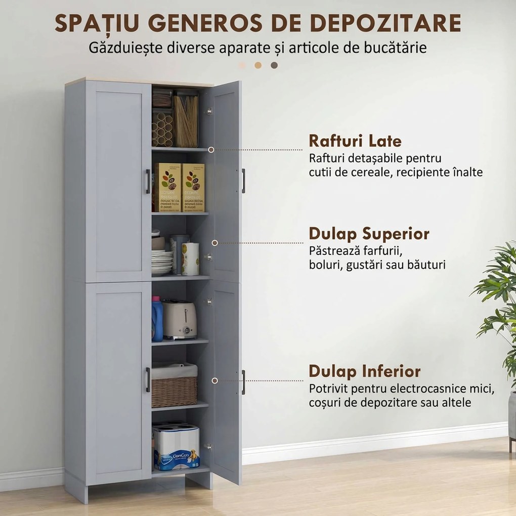 HOMCOM Dulap cămară de bucătărie din lemn cu 2 rafturi reglabile și 4 uși, 60x30x170,5 cm, gri | Aosom Romania