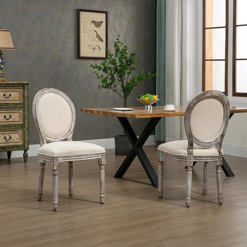 HOMCOM Set de 2 Scaune Vintage Fără Brațe, Scaune în Stil Franțuzesc cu Spătar Curbat și Tapițerie din In, 51x55x96 cm, Alb Crem | Aosom Romania