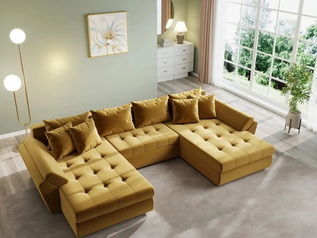 Colțar extensibil dumonde cu ladă de depozitare si sezut confortabil din spuma high-density, Loana U Royal Mustar 355x185 cm