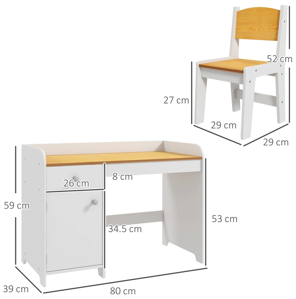 Masa de birou  ZONEKIZ pentru copii cu scaun, birou de scoală pentru copii de 3-6 ani din lemn cu sertar si scaun asortat, alb | Aosom RO