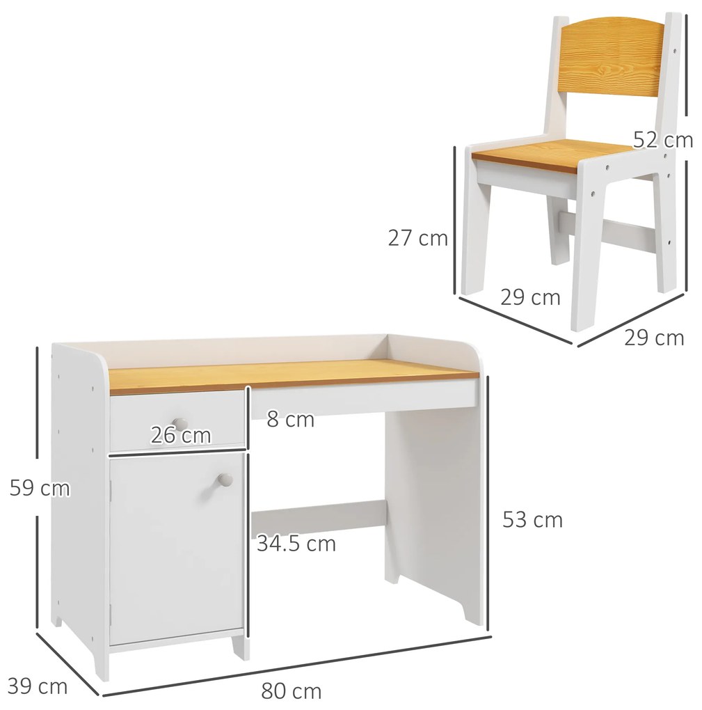 Masa de birou  ZONEKIZ pentru copii cu scaun, birou de scoală pentru copii de 3-6 ani din lemn cu sertar si scaun asortat, alb | Aosom Romania