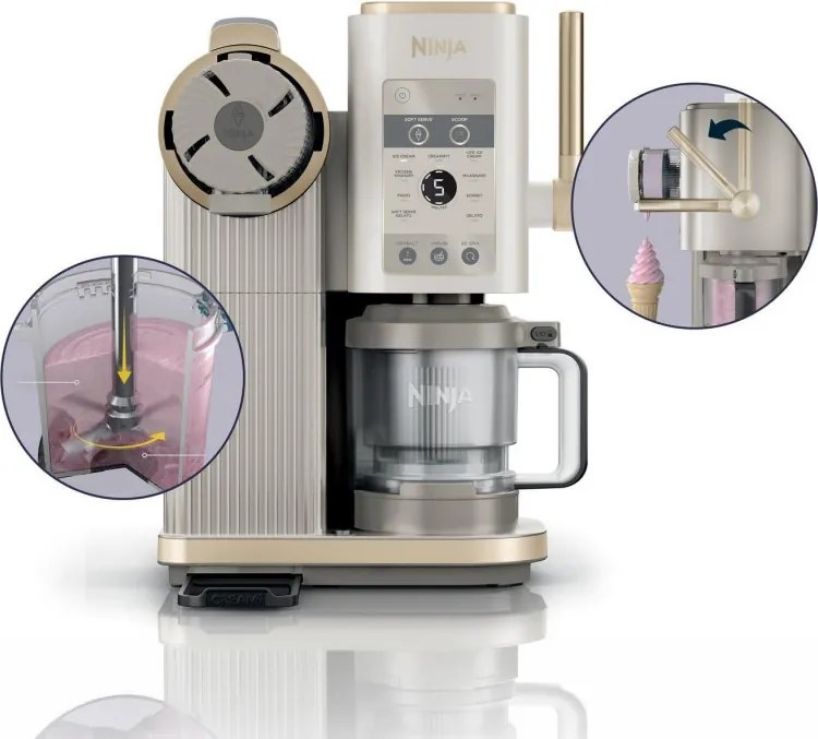 Aparat de facut inghetata 13in1 Ninja CREAMi Scoop & Swirl™ NC701EUSTGD, 800 W, 13 programe, Maneta cu 3 trepte pentru cornete, CreamiFit, Creamify, 2 cupe de 473 ml, Personalizare, Crem/Auriu