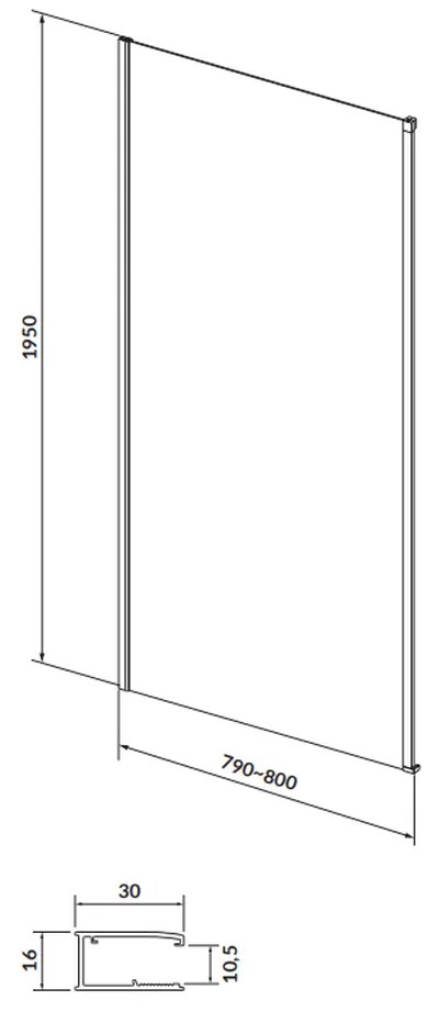 Perete lateral fix 80x195 cm Cersanit Larga profil crom 800x1950 mm, Crom lucios