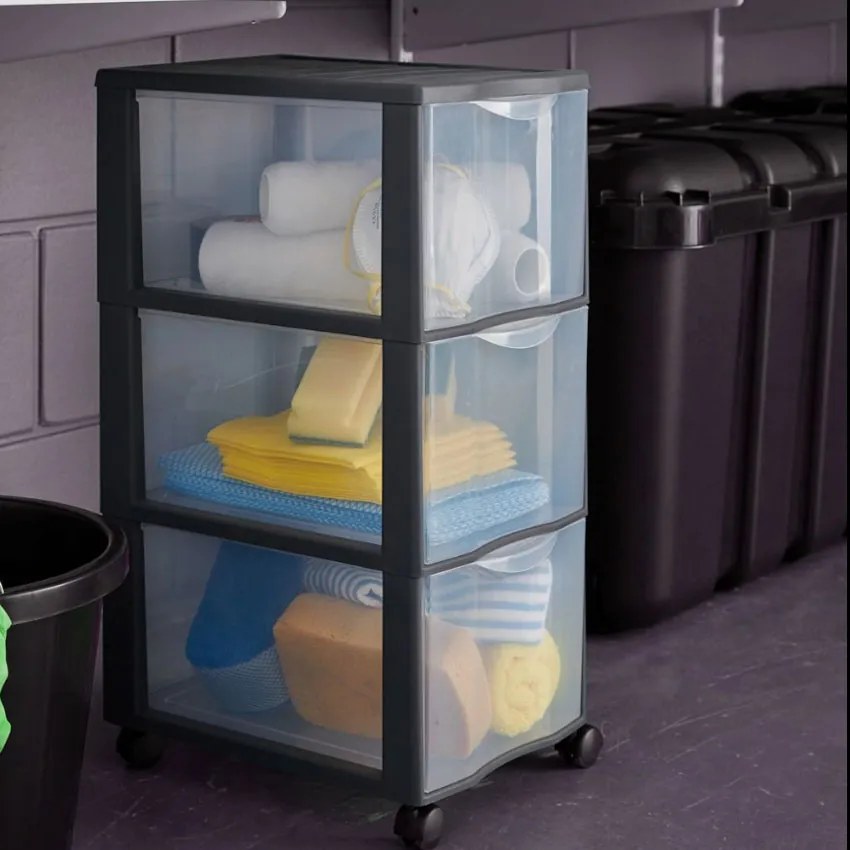 Comoda din plastic cu 3 sertare, 36.5x26x63.5 cm, Gri