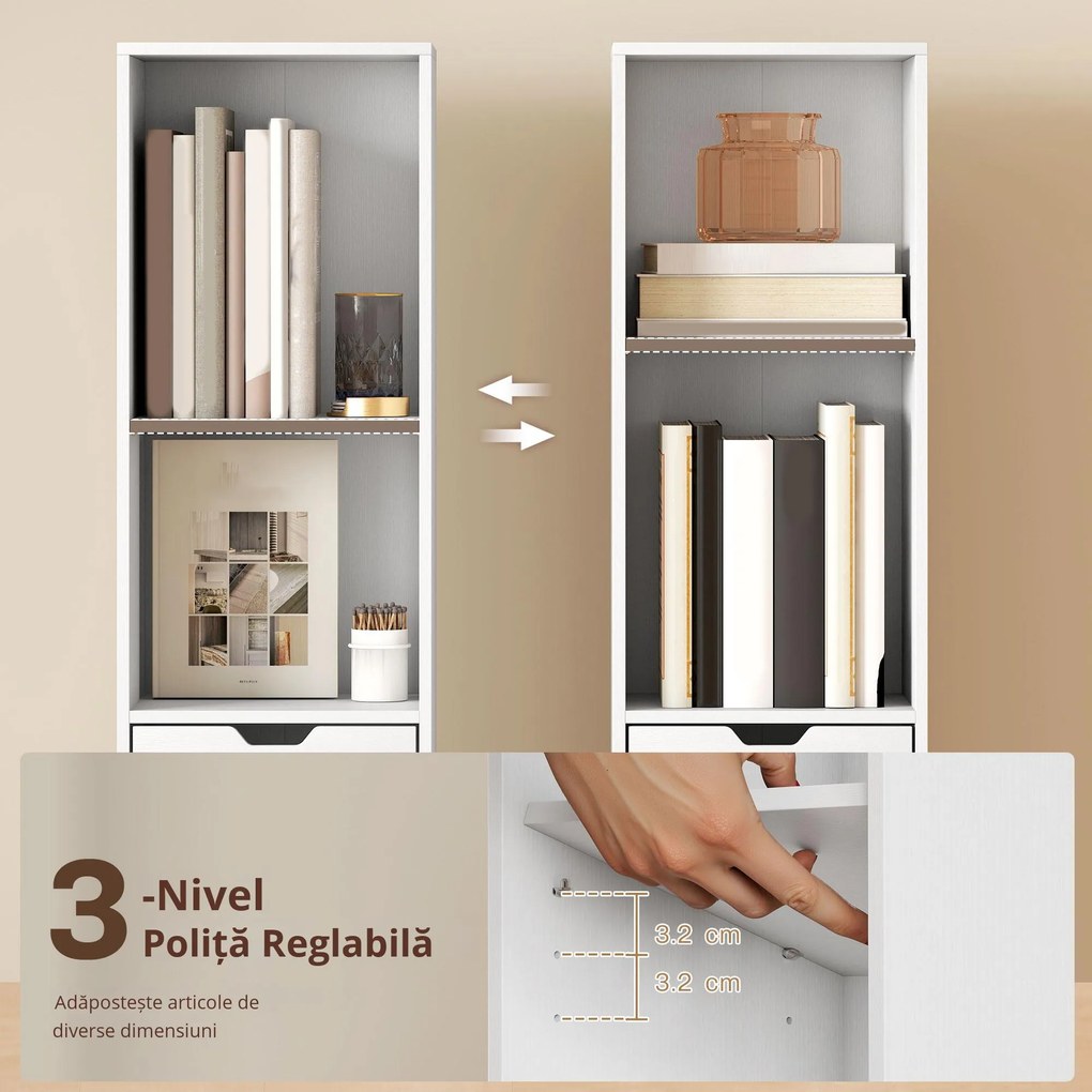 HOMCOM Bibliotecă înaltă cu 6 Nivele, Raft îngust cu Sertar și Ușă - Alb | Aosom Romania