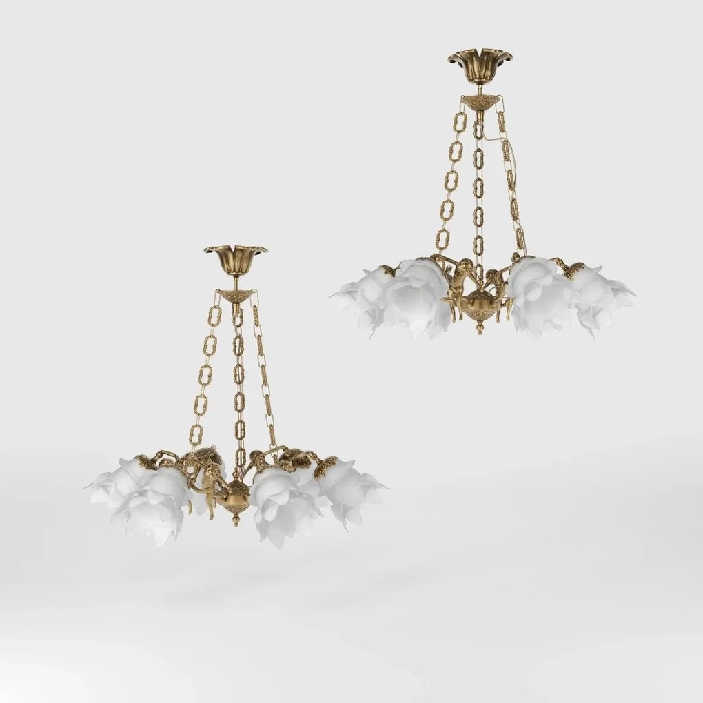 Candelabru 6 brate din alama cu abajur din sticla Putti