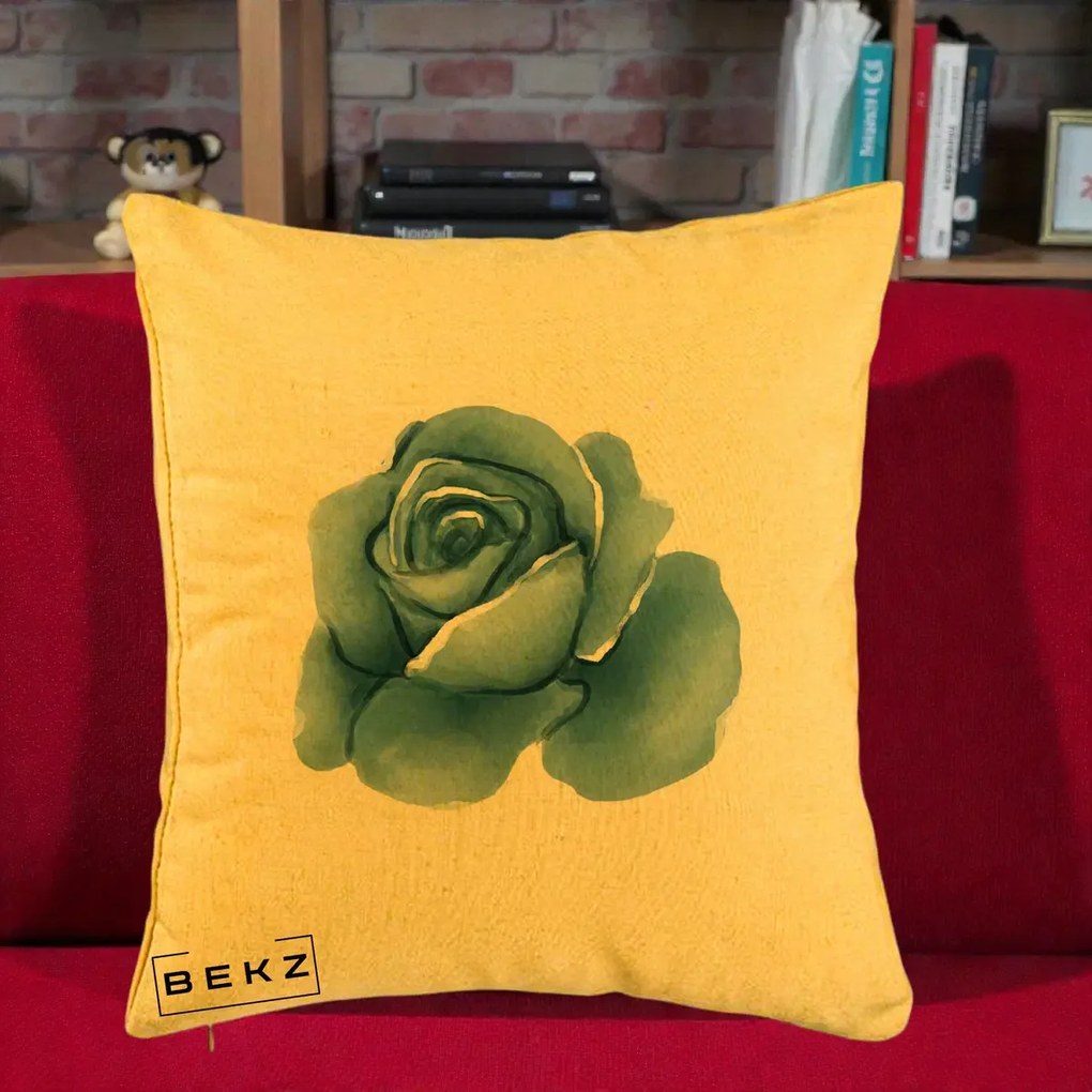 Perna Decorativa Trandafir Albastru Acuarela, 40x40 cm, Galben, Husa Detasabila, Perna Inclusa, BEKZ®