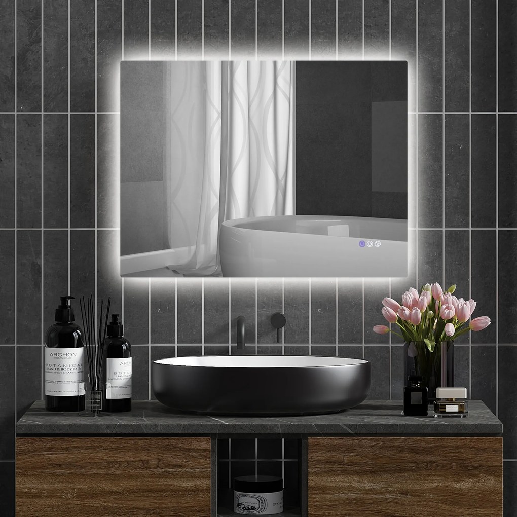 HOMCOM Oglindă de Baie LED cu Ramă, Anti-Abur, 3 Temperaturi de Culoare și Memorie, 80x60x4 cm, Transparent | Aosom Romania