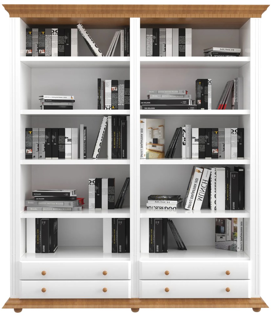 Biblioteca dubla Luxus, alb natur, lemn masiv 180 x 45 x 203cm