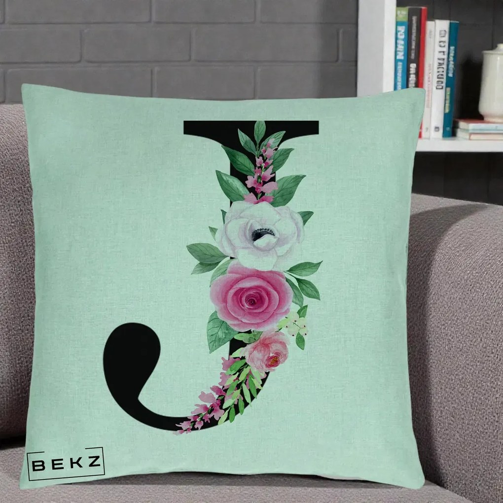Cadou Personalizat - Perna Personalizata Monograma Florala Litera J, 40x40 cm, Verde Menta, Husa Detasabila, Perna Inclusa, BEKZ®
