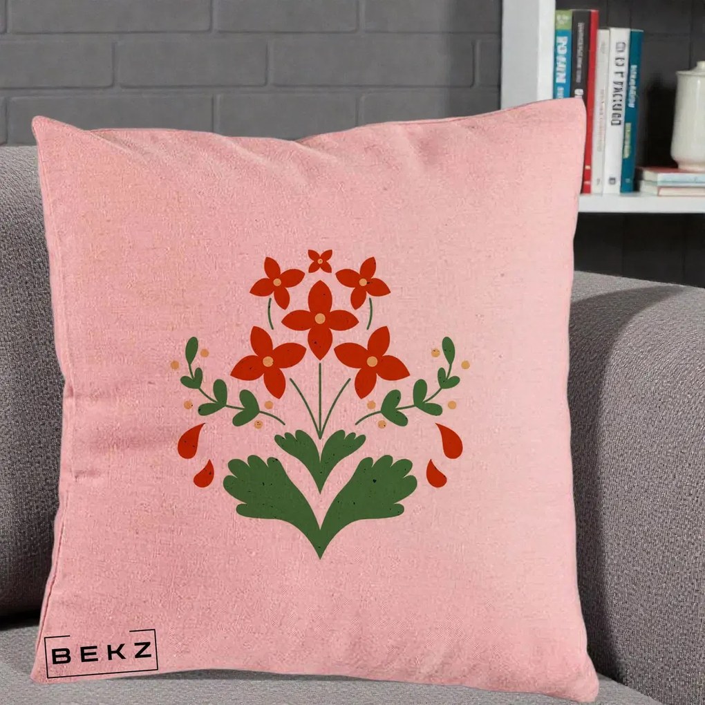 Perna Decorativa Buchet Floral Folk Rosu-Verde, 40x40 cm, Roz, Husa Detasabila, Perna Inclusa, BEKZ®