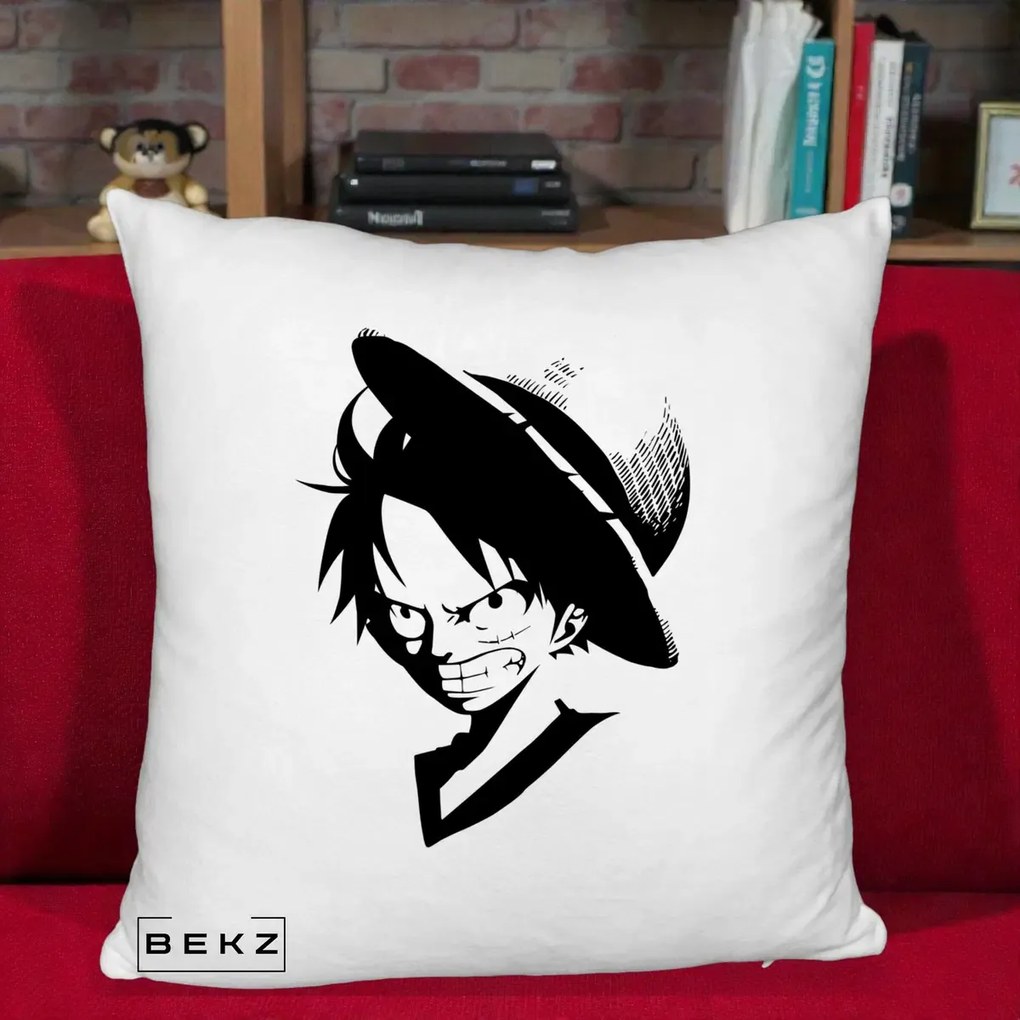 Perna Personalizata One Piece Luffy Silueta Alb-Negru, 40x40 cm, Alb Pufos, Husa Detasabila, Perna Inclusa, BEKZ®