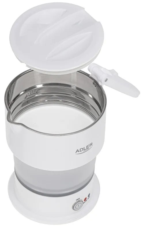 Fierbator pentru calatorii Adler AD 1377, 600W, 0.6 L, Corp din silicon pliabil, Protectie la supraincalzire, Indicator luminos, Alb