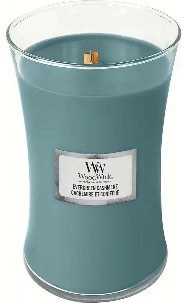 Lumânare parfumată vază mare WoodWick Evergreen Cashmere, 609 g